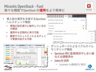 ©	
  MIRANTIS	
  &	
  ASEANLABS	
  2014	
  
•  導入後の運用を支援するOpenStack
ヘルスチェック機能
•  環境が設定通りに動作しているか
の確認
•  運用中も定期的に実行可能
•  顧客やコミュニティによるチェッ
ク範囲の拡大も可能
•  ダッシュボードによるリアルタイム
モニタリング機能
•  OpenStack 用に監視項目やしきい値
などは調整済み
•  Zabbixを活用
•  Ceilometer も継続的に検討
Mirantis OpenStack - Fuel
様々な機能でOpenStack の運用をより簡単に
 