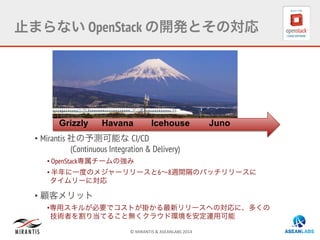 ©	
  MIRANTIS	
  &	
  ASEANLABS	
  2014	
  
止まらない OpenStack の開発とその対応
• Mirantis 社の予測可能な CI/CD
(Continuous Integration & Delivery)
• OpenStack専属チームの強み
• 半年に一度のメジャーリリースと6∼8週間隔のパッチリリースに
タイムリーに対応
• 顧客メリット
• 専用スキルが必要でコストが掛かる最新リリースへの対応に、多くの
技術者を割り当てること無くクラウド環境を安定運用可能
HavanaGrizzly Icehouse Juno
 