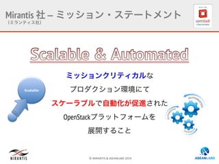 ©	
  MIRANTIS	
  &	
  ASEANLABS	
  2014	
  
ミッションクリティカルな
プロダクション環境にて
スケーラブルで自動化が促進された
OpenStackプラットフォームを
展開すること
Scalable	
Mirantis 社 – ミッション・ステートメント
（ミランティス社）
 