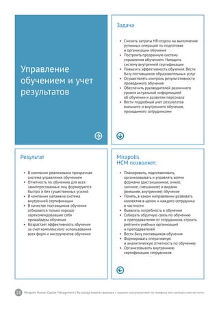 18 Mirapolis Human Capital Management | Вы всегда можете связаться с нашими консультантами по телефону или написать нам на почту.
Mirapolis
HCM позволяет:
•	 Планировать, подготавливать,
организовывать и управлять всеми
формами (дистанционное, очное,
заочное, смешанное) и видами
(внешнее, внутреннее) обучения
•	 Понять, в каком направлении развивать
коллектив в целом и каждого сотрудника
в частности
•	 Выявлять потребность в обучении
•	 Собирать обратную связь по обучению
и преподавателям от сотрудников, строить
рейтинги учебных организаций
и преподавателей
•	 Вести базу поставщиков обучения
•	 Формировать оперативную
и аналитическую отчетность по обучению
•	 Организовывать внутреннюю
сертификацию сотрудников
Результат
•	 В компании реализована прозрачная
система управления обучением
•	 Отчетность по обучению для всех
заинтересованных лиц формируются
быстро и без существенных усилий
•	 В компании налажена система
внутренней сертификации
•	 В качестве поставщиков обучения
отбираются только хорошо
зарекомендовавшие себя
провайдеры обучения
•	 Возрастает эффективность обучения
за счет комплексного использования
всех форм и инструментов обучения
Управление
обучением и учет
результатов
Задача
•	 Снизить затраты HR-отдела на выполнение
рутинных операций по подготовке
и организации обучения
•	 Построить прозрачную систему
управления обучением. Наладить
систему внутренней сертификации
•	 Повысить эффективность обучения. Вести
базу поставщиков образовательных услуг
•	 Осуществлять контроль результативности
проводимого обучения
•	 Обеспечить руководителей различного
уровня актуальной информацией
об обучении и развитии персонала
•	 Вести подробный учет результатов
внешнего и внутреннего обучения,
проходимого сотрудниками
 