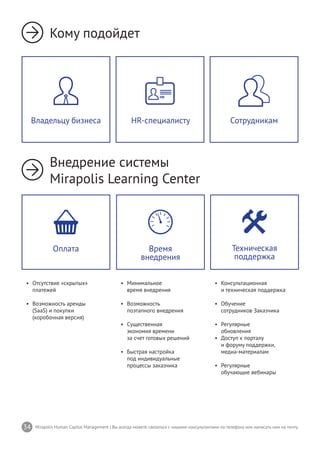 34 Mirapolis Human Capital Management | Вы всегда можете связаться с нашими консультантами по телефону или написать нам на почту.
•	 Минимальное
время внедрения
•	 Возможность
поэтапного внедрения
•	 Существенная
экономия времени
за счет готовых решений
•	 Быстрая настройка
под индивидуальные
процессы заказчика
Время
внедрения
•	 Консультационная
и техническая поддержка
•	 Обучение
сотрудников Заказчика
•	 Регулярные
	 обновления		
•	 Доступ к порталу
	 и форуму поддержки,
медиа-материалам
•	 Регулярные
обучающие вебинары
Техническая
поддержка
•	 Отсутствие «скрытых»
платежей
•	 Возможность аренды
(SaaS) и покупки
(коробочная версия)
Оплата
Кому подойдет
Внедрение системы
Mirapolis Learning Center
HR-специалисту СотрудникамВладельцу бизнеса
 