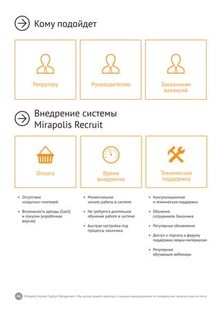 46 Mirapolis Human Capital Management | Вы всегда можете связаться с нашими консультантами по телефону или написать нам на почту.
•	 Моментальное
начало работы в системе
•	 Не требуется длительное
обучение работе в системе
•	 Быстрая настройка под
процессы заказчика
Время
внедрения
•	 Консультационная
и техническая поддержка
•	 Обучение
сотрудников Заказчика
•	 Регулярные обновления
•	 Доступ к порталу и форуму
поддержки,медиа-материалам
•	 Регулярные
обучающие вебинары
Техническая
поддержка
•	 Отсутствие
«скрытых» платежей
•	 Возможность аренды (SaaS)
и покупки (коробочная
версия)
Оплата
Кому подойдет
Внедрение системы
Mirapolis Recruit
Руководителлю Заказчикам
вакансий
Рекрутеру
 