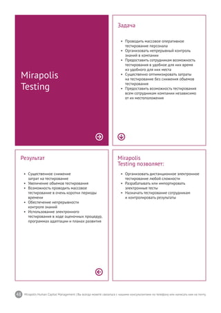 48 Mirapolis Human Capital Management | Вы всегда можете связаться с нашими консультантами по телефону или написать нам на почту.
Mirapolis
Testing позволяет:
•	 Организовать дистанционное электронное
тестирование любой сложности
•	 Разрабатывать или импортировать
электронные тесты
•	 Назначать тестирование сотрудникам
и контролировать результаты
Результат
•	 Существенное снижение
затрат на тестирование
•	 Увеличение объемов тестирования
•	 Возможность проводить массовое
тестирование в очень коротки периоды
времени
•	 Обеспечение непрерывности
контроля знаний
•	 Использование электронного
тестирования в ходе оценочных процедур,
программах адаптации и планах развития
Mirapolis
Testing
Задача
•	 Проводить массовое оперативное
тестирование персонала
•	 Организовать непрерывный контроль
знаний в компании
•	 Предоставить сотрудникам возможность
тестирования в удобное для них время
из удобного для них места
•	 Существенно оптимизировать затраты
на тестирование без снижения объемов
тестирования
•	 Предоставить возможность тестирования
всем сотрудникам компании независимо
от их местоположения
 
