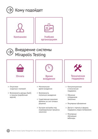 50 Mirapolis Human Capital Management | Вы всегда можете связаться с нашими консультантами по телефону или написать нам на почту.
•	 Минимальное
время внедрения
•	 Возможность
поэтапного внедрения
•	 Существенная экономия
времени за счет готовых
решений
•	 Быстрая настройка под
индивидуальные процессы
заказчика
•	 Консультационная
и техническая
поддержка
•	 Обучение
сотрудников
Заказчика
•	 Регулярные обновления
•	 Доступ к порталу и форуму
поддержки,медиа-материалам
•	 Регулярные
обучающие
вебинары
Время
внедрения
Техническая
поддержка
•	 Отсутствие
«скрытых» платежей
•	 Возможность аренды (SaaS)
и покупки (коробочная
версия)
Оплата
Кому подойдет
Внедрение системы
Mirapolis Testing
Учебням
организациям
Компаниям
 