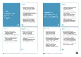 22 23Mirapolis Human Capital Management | Вы всегда можете связаться с нашими консультантами по телефону или написать нам на почту. Пишите: info@mirapolis.ru | Звоните: +7 (495) 646 04 04 | Mirapolis.ru
Mirapolis
HCM позволяет:
•	 Проводить оценочные процедуры
90, 180, 360 и 540 градусов
•	 Оценивать по компетенциям,
через индикаторы, по проявлениям,
с помощью тестов
•	 Использовать опросы в ходе оценивания
•	 Настраивать последовательность этапов
оценочной процедуры и категорий
ее участников
•	 Формировать индивидуальные планы
развития сотрудников на основе
результатов оценки компетенции
•	 Строить подробные отчеты
по результатам оценочных процедур
Результат
•	 Решения о ротации персонала
и зачислении в кадровый резерв
объективно обоснованы
•	 HR-подразделение контролирует и при
необходимости своевременно регулирует
социальное взаимодействие внутри
коллектива
•	 Организация получает объективную
основу для планирования обучения
и развития персонала
•	 Уровень знаний и умений персонала
учитывается в системе вознаграждений
•	 Формируется база для выявления
талантов
Оценка
компетенций/
оценка 360
градусов
Задача
•	 Оперативно выявлять компетенции,
требующие развития как у отдельных
работников, так и у целых команд
•	 Выявлять потребность в обучении
на основе выявления недостаточно
развитых компетенций
•	 Ранжировать персонал, в т.ч. с целью
сокращения/высвобождения недостаточно
компетентных работников
•	 Сформировать пул кандидатов
в кадровый резерв
•	 Обеспечить высокий уровень
совместимости членов
внутрикорпоративных проектных групп
•	 Настроить систему вознаграждений,
оценивая не только KPI или «рынок
заработных плат»; а мнения клиентов,
партнеров и иных заинтересованных
во взаимодействии с конкретным
сотрудником сторон
Mirapolis
HCM позволяет:
•	 Вести библиотеку KPI и целей
•	 Автоматизировать проведение оценки
по целям/KPI и задачам/проектам
•	 Гибко настраивать оценочные процедуры
в целом и оценочные формы в частности
•	 Каскадирования целей
•	 Формировать профили целей
как автоматически по должности,
так и в ходе оценочной процедуры
•	 Гибко настраивать последовательность
этапов оценочной процедуры: включая
этапы постановки, корректировки
и оценки достижения целей, различные
согласования и утверждения
•	 Гибко настраивать систему уведомлений
для всех категорий участников
Результат
•	 Построена единая прозрачная
система управления по целям
•	 Ведется объективная оценка
эффективности деятельности
подразделений и сотрудников
•	 Выстроена система мотивации на основе
эффективности деятельности сотрудников
•	 Сотрудники понимают свою роль
в достижении целей своих руководителей
и стратегических целей всей компании
•	 Сотрудники получают четкую
и понятную мотивацию для достижения
собственных целей
•	 Возрастает общая
эффективность компании
•	 Руководство получает понятную
информацию для улучшения
эффективности работы всей компании
Управление
эффективностью
(KPI/цели/задачи)
Задача
•	 Обеспечить связь стратегических целей
организации и целей и задач
отдельных работников
•	 Объективно выявлять лучших
и худших сотрудников
•	 Минимизировать субъективность
руководителей при оценке достижений
своих подчиненных
•	 Улучшить отчетность для инвесторов
и других внешних пользователей
информации о компании (поставщиков,
партнеров, соискателей)
•	 Привязать компенсационные выплаты
к результатам деятельности работников,
а не к функциям/процессу
•	 Дать сотрудникам понимание их роли
в достижении стратегических целей
компании
 