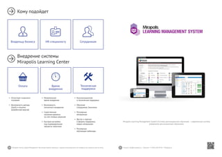 34 35Mirapolis Human Capital Management | Вы всегда можете связаться с нашими консультантами по телефону или написать нам на почту. Пишите: info@mirapolis.ru | Звоните: +7 (495) 646 04 04 | Mirapolis.ru
Mirapolis Learning Management System (Система дистанционного обучения) — современная система
управления дистанционным обучением.
•	 Минимальное
время внедрения
•	 Возможность
поэтапного внедрения
•	 Существенная
экономия времени
за счет готовых решений
•	 Быстрая настройка
под индивидуальные
процессы заказчика
Время
внедрения
•	 Консультационная
и техническая поддержка
•	 Обучение
сотрудников Заказчика
•	 Регулярные
	 обновления
		
•	 Доступ к порталу
	 и форуму поддержки,
медиа-материалам
•	 Регулярные
обучающие вебинары
Техническая
поддержка
•	 Отсутствие «скрытых»
платежей
•	 Возможность аренды
(SaaS) и покупки
(коробочная версия)
Оплата
Кому подойдет
Внедрение системы
Mirapolis Learning Center
HR-специалисту СотрудникамВладельцу бизнеса
 