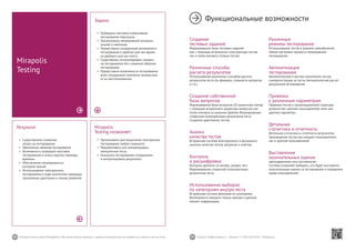 48 49Mirapolis Human Capital Management | Вы всегда можете связаться с нашими консультантами по телефону или написать нам на почту. Пишите: info@mirapolis.ru | Звоните: +7 (495) 646 04 04 | Mirapolis.ru
Mirapolis
Testing позволяет:
•	 Организовать дистанционное электронное
тестирование любой сложности
•	 Разрабатывать или импортировать
электронные тесты
•	 Назначать тестирование сотрудникам
и контролировать результаты
Результат
•	 Существенное снижение
затрат на тестирование
•	 Увеличение объемов тестирования
•	 Возможность проводить массовое
тестирование в очень коротки периоды
времени
•	 Обеспечение непрерывности
контроля знаний
•	 Использование электронного
тестирования в ходе оценочных процедур,
программах адаптации и планах развития
Mirapolis
Testing
Задача
•	 Проводить массовое оперативное
тестирование персонала
•	 Организовать непрерывный контроль
знаний в компании
•	 Предоставить сотрудникам возможность
тестирования в удобное для них время
из удобного для них места
•	 Существенно оптимизировать затраты
на тестирование без снижения объемов
тестирования
•	 Предоставить возможность тестирования
всем сотрудникам компании независимо
от их местоположения
Функциональные возможности
Создание
тестовых заданий
Формирование базы тестовых заданий
как с помощью встроенного конструктора тестов,
так и путем импорта готовых тестов.
Различные способы
расчета результатов
Использование различных способов расчета
результатов теста (по формуле, сложности вопросов
и т.п.).
Создание собственной
базы вопросов
Формирование базы вопросов (10 различных типов)
с помощью встроенного редактора вопросов или
путем импорта из внешних файлов. Формирование
словесной интерпретации результатов теста.
Создание адаптивных тестов.
Анализ
качества тестов
Встроенная система всестороннего и детального
анализа качества тестов, вопросов и ответов.
Контроль
и расшифровка
Контроль времени на вопрос, раздел, тест.
Формирование словесной интерпретации
результатов теста.
Использование выборок
по категориям внутри теста
Встроенная система фильтров по категориям.
Возможность находить только нужную в данный
момент информацию.
Различные
режимы тестирования
Использование тестов в режиме самообучения.
Гибкая настройка процесса прохождения
тестирования.
Автоматизация
тестирования
Автоматическое и ручное назначение тестов,
саморегистрация на тесты. Автоматический расчет
результатов тестирования.
Привязка
к различным параметрам
Привязка тестов к организационной структуре,
должностям, группам пользователей, теме или
другому параметру.
Детальная
статистика и отчетность
Детальная статистика и отчетность результатов
прохождения тестов как каждым пользователем,
так и группой пользователей.
Выставление
окончательных оценок
преподавателем или наставником
Система позволяет выбирать, кто будет выставлять
окончательную оценку за тестирование и определять
права пользователей
 