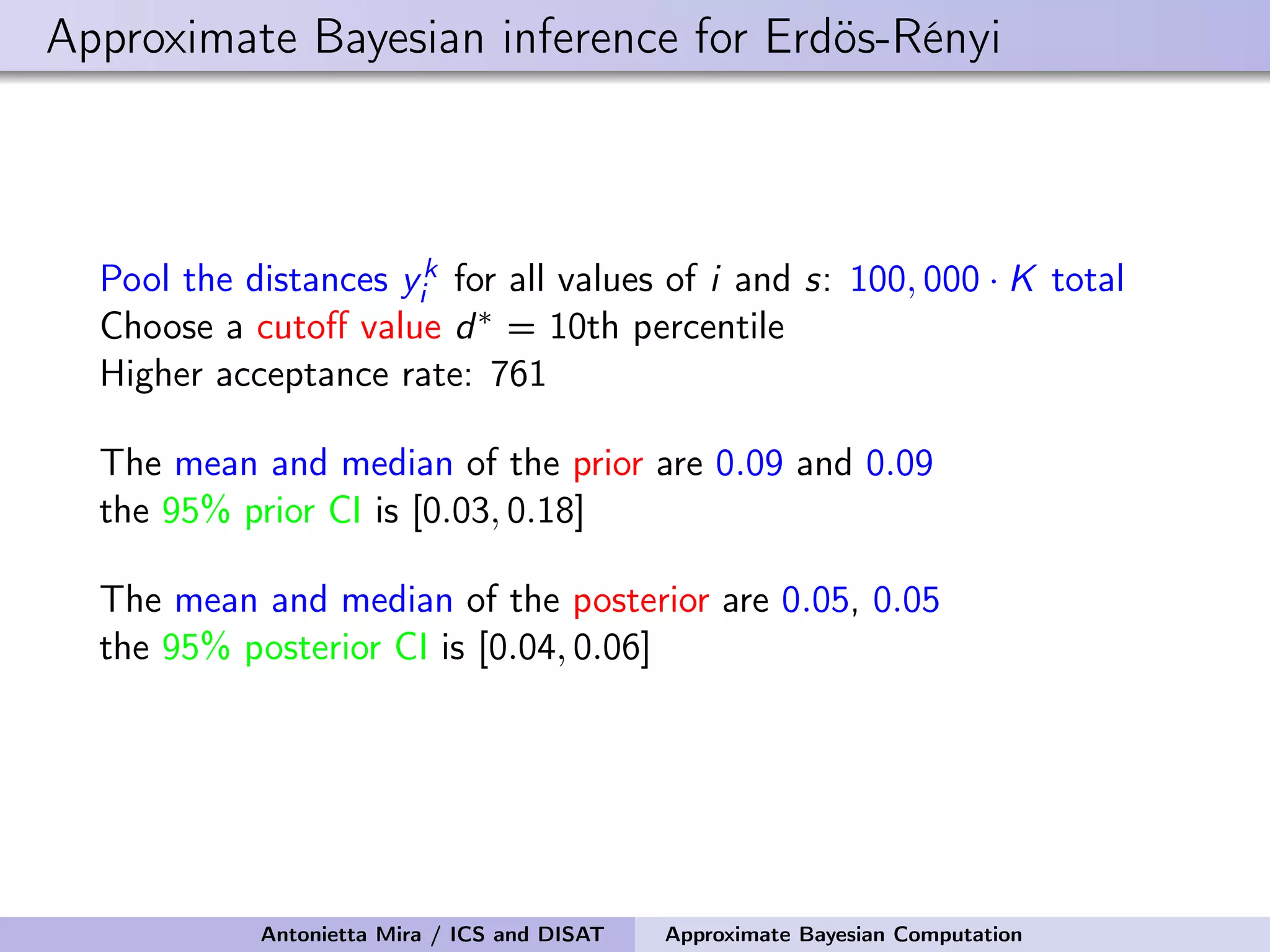 Approximate Bayesian inference for Erdös-Rényi Pool the distances yk i for all values of i and s: 100, 000 · K total Choose a cutoﬀ value d∗ = 10th percentile Higher acceptance rate: 761 The mean and median of the prior are 0.09 and 0.09 the 95% prior CI is [0.03, 0.18] The mean and median of the posterior are 0.05, 0.05 the 95% posterior CI is [0.04, 0.06] Antonietta Mira / ICS and DISAT Approximate Bayesian Computation 