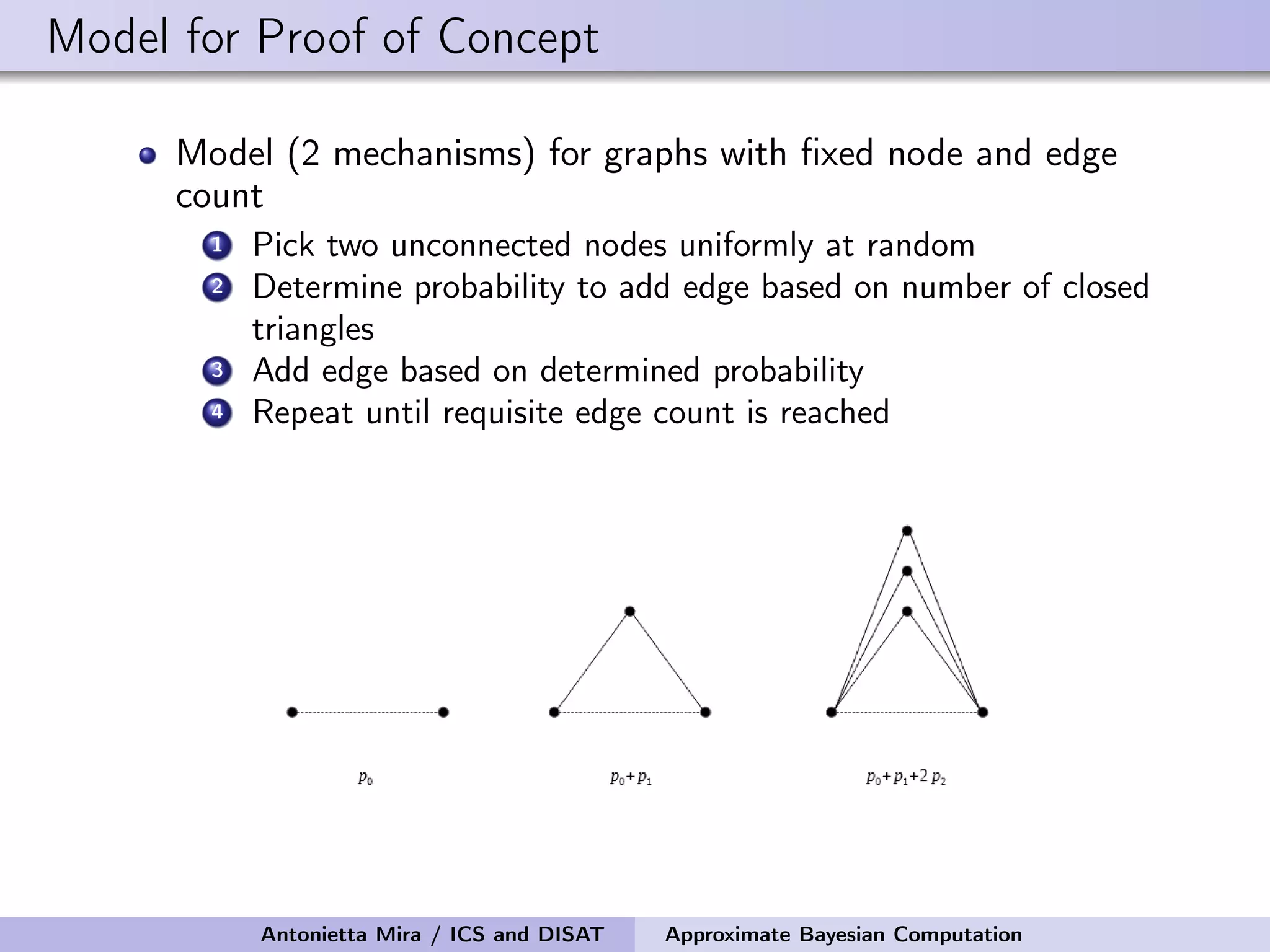 Model for Proof of Concept Model (2 mechanisms) for graphs with ﬁxed node and edge count 1 Pick two unconnected nodes uniformly at random 2 Determine probability to add edge based on number of closed triangles 3 Add edge based on determined probability 4 Repeat until requisite edge count is reached Antonietta Mira / ICS and DISAT Approximate Bayesian Computation 