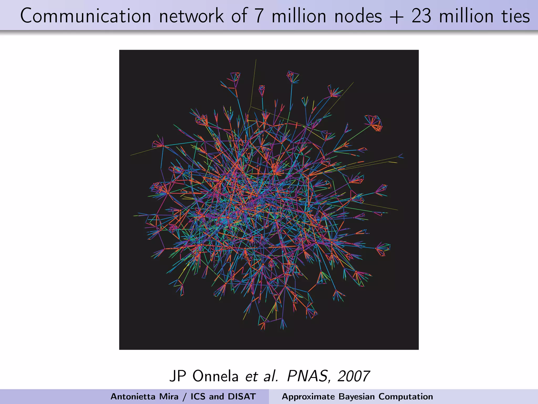 Communication network of 7 million nodes + 23 million ties JP Onnela et al. PNAS, 2007 Antonietta Mira / ICS and DISAT Approximate Bayesian Computation 