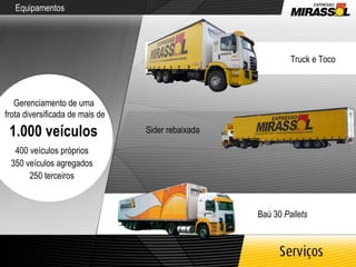 Equipamentos Gerenciamento de uma  frota diversificada de mais de 1.000 veículos 400 veículos próprios 350 veículos agregados 250 terceiros Sider rebaixada Baú 30  Pallets Truck e Toco 