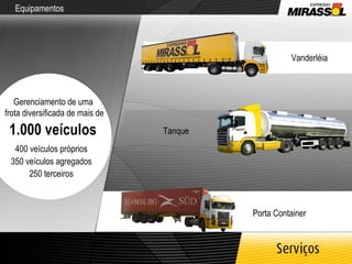 Equipamentos Gerenciamento de uma  frota diversificada de mais de 1.000 veículos 400 veículos próprios 350 veículos agregados 250 terceiros Vanderléia Porta Container Tanque 