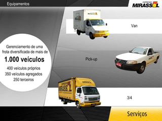 Equipamentos Gerenciamento de uma  frota diversificada de mais de 1.000 veículos 400 veículos próprios 350 veículos agregados 250 terceiros Van Pick-up 3/4 