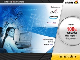 Tecnologia  •  Rastreamento Veículos 100 % rastreados Frota própria e de agregados •  Rastreadores •  Gerenciadora de risco 