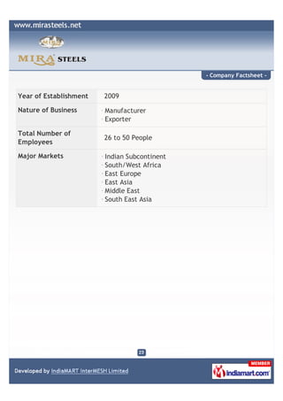 - Company Factsheet -


Year of Establishment   2009

Nature of Business      Manufacturer
                        Exporter

Total Number of
                        26 to 50 People
Employees

Major Markets           Indian Subcontinent
                        South/West Africa
                        East Europe
                        East Asia
                        Middle East
                        South East Asia
 