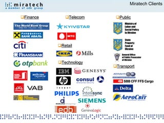 Miratech Clients

Finance      Telecom    Public




           Retail



           Technology
                         Transport
 