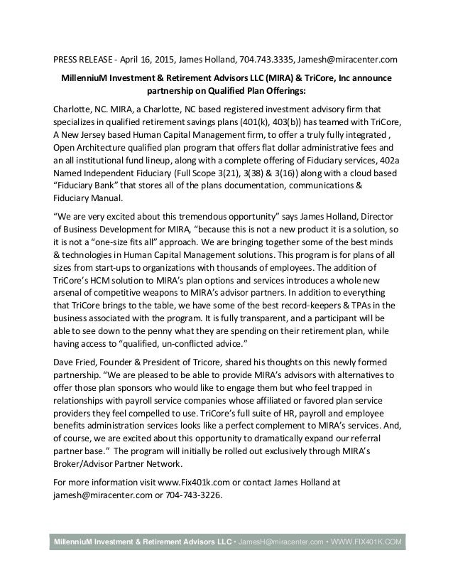 MillenniuM Investment & TriCore, Inc Qualified Plan Offering