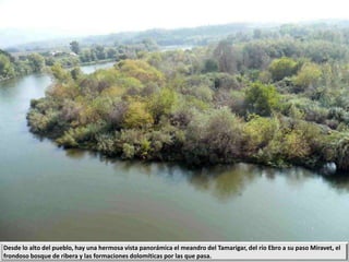 Desde lo alto del pueblo, hay una hermosa vista panorámica el meandro del Tamarigar, del río Ebro a su paso Miravet, el
frondoso bosque de ribera y las formaciones dolomíticas por las que pasa.
 