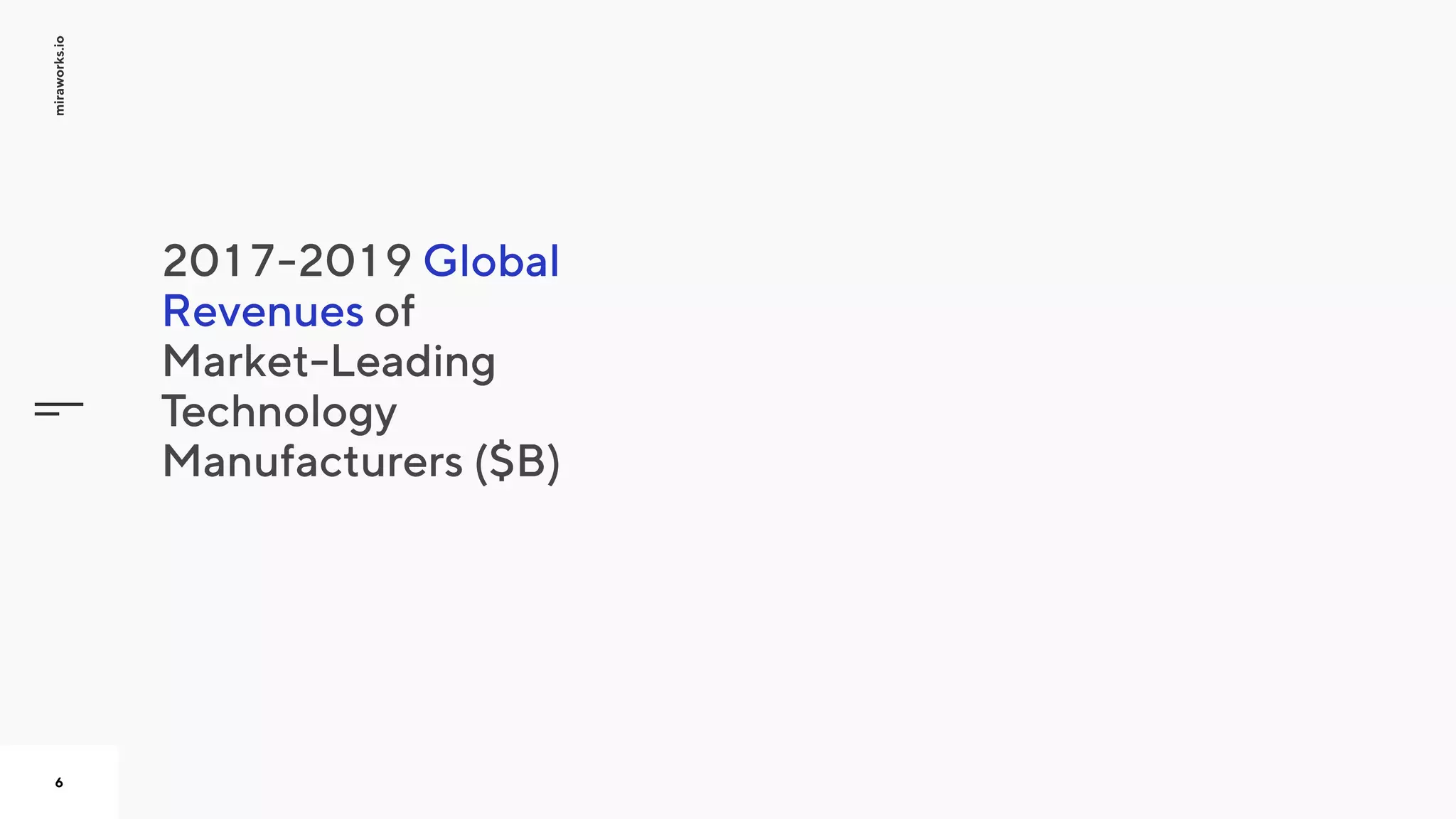 Global
Revenues
2017-2019
of
Market-Leading
Technology
Manufacturers ($B)

miraworks.io
6
 