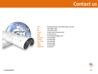 Contact usPostPO Box 832, Mona Vale NSW 1660, australiatel+612 9997 1526fax+612 9997 1569emailreception @ miraworld.com webmiraworld.comblogmiraworldpr.blogspot.comfacebookmiraworldPRTwittermiraworldPRYou TubemiraworldPRFlickrmiraworldPRSkypemiraworldPRSlideshare	miraworld19© miraworld 2010 