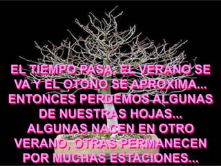 EL TIEMPO PASA, EL VERANO SE
VA Y EL OTOÑO SE APROXIMA...
ENTONCES PERDEMOS ALGUNAS
DE NUESTRAS HOJAS...
ALGUNAS NACEN EN OTRO
VERANO, OTRAS PERMANECEN
POR MUCHAS ESTACIONES...

 