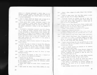 :il,T; J.'
"
"
".ilI1T'
ff " "il'T
":;ilT J, *:'T*; jJ";, j:
J'o;ani igi asimileazi studiile prin sistemul Braille cu un curaj $i
o tenacitate surprinzitoare,
1913
-
Intri la Colegiul Balliol din Oxford, unde se impune de la
inceput ca gef de promolie prin calitllile lui intelectuale.
1914
-
incepe primul rizboi mondial. Infirmitatea ocularx il face
inapt de obligaqiile cu caracter militar, fapt care-i produce anu_
mite complexe. Sinuciderea fratelui siu mijlociu Trev, in urma
trnei deceplii sentimentale, ii miregte gi mai mult restrigtea su_
fleteascS.
I91t
-
FrecventeazS cu intermitenle romenticul conac de la Garsing_
ton, nu departe de Oxford, aparlinind familiei Morrell, unde
cunoalre personalitXgi ca Maynard Keynes, Lytton Strachey, Ber_
trand Russell, T. S. Eliot, D. H. Lawrence cu solia sa Frieda,
Katherine Mansfield, Middleton N{urry, Leonard 9i Virginia Woolf,
Vatessa Bell, Duncan ()re^t gi mulli al1ii. Ambicntul va servi
drept fundal primului siu ronlln (Gall,ctt tlc cront), precum si
unora din prozele sele scurte.
1916
-
Apare pimra culegere de pt.rczii, inritullti Tl;<: Burtting V/heel
(rodId tn Itacdrt),
1917
-
Lucreazx citva timp ca voruntar in birourile var office-uiui
(Mi'isterui de Rizboi) spre a-9i aduce modesta rui contribulie
la efortul nagional din perioadr primei conflagralii mondiale.
Spre sfirgitul aceluiagi an intri i. invilin:int 9i pre<Ji le Colegiul
din Eton.
1918
-
Publici o noui culegere de ver.sLrri 'l'/:e Dclcat ol yottb
(i nf ringere a tinereli i).
1919
-
Se cisitore,te din dragoste cu Xleria Ny.s, o belgienci pe
care o cunoscuse in anii rlzboiului Ia Garsingron.
1920
- Naqterea fiului siu, Matthew,
-
scriitorul se stabileqte la Londra, ficind pubricistici Ei critici
de arti, indeosebi in coloanele revistei Tbe Atbenaeurn, condusi
de criticul Middleton Murry.
- Public5 prima culegere de nuvele, Linrbo, 9i poemul mitolo_
glc Leda.
!921
-
Apare primul siu rorr^a:D, Crome yellou; (Galben de crom).
22
te2 )
-
Apare a doua culegere de nuvele, Mortal Coils (l n"'telisuri
Pi eri toare).
t')) t -- Publici al doilea roman, Arttic Hay (Dans grotesc) 9i prima
r rrlcgere de eseuri, On the Margin (Matginalia)'
l').tI - Inlrcprinde incursiuni pe continent, mai ales in ltalia' care
r'.r rcrvi drept cadru unora dintre r"raraliuni' Apare volumul de
rrrrvclc tirtlc Mexi.can (Mica rnexicand) qi o primi piesi de
lr..rr r rr, / I,t I )jstot'crJ, (Descoperirea),
/' 'r l'rltl l'.r t,)nlilrti Tbose Barten Leau-es (Frunze oeStede), notele
,1, ,.rl,rt,'r rlllrtttg tbc Road (Pe drum) 9i o antologie din versuri
f,r',l,lrl, rrrlttttl,tt t .rl':ttttl Itocttts (Poezii alase)'
1 , .r11,r ,, "tr
irr',.i pricrcrric < tt st riitrtrtrl l )' I I' Lawrence'
l"'r, Irrlr,g,rrrrrl,',,, 1111'rtit' irr ]rrrrrl lrrrrrii'
f'rrl,lr, .r r,,lrrrrrrrl ,1,' rrttlt'lr /li, ,, ,tr 'l'l'trr Otatcs (Dottd satt
tt,t tt,tl,l ,r 'tLrl,,l,,11t t /,',t1', N,i,' ,trt,l ()ltl (llscuri rtoi Si uechi)'
I't't ' A1,.,," , tttcl',crc.t tlc cr.:ttri I'ro7ct Srutlies (Studii caracteristice)'
/'/-',s Alr,rrc rt,nmuul I'oint-Cou'nter Point (Contrdpunct), care io
.( rr rt:i vrcnrc ve fi tradus in majoritatea limbilor de pe glob,
prct'unr ;i conscmnarea impresiilor sale din cllitoria irr jurul
Itrrrrii sub tit1u1 /esring Pilate (Pilat glutnind)'
Ie)9
-
Publici volurnul de eseuri Do u;hat yoa will (Fd ceea ce vre;)
9i prefela la studiul lui J' H' Burns '4 Vision ot' Education (O
LoDccPl;e de sPre educagie).
19.)O
-
Asisti la ultimele morlente ale scriitorului D' H' Lawrence'
decedat la Vence' in sudul Franlei'
-
Apar : volumul de poezii The Cicadas (Greierii)' culegerea de
uvele Briet' Candles (Pilpiiri de lumindri), eseti Vulgarity in
Literature lValgaritatea in literaturd) 9i piesa de teatru Tbis
'lVay
to Paradise (Calea spre tai)'
1931
-
Publici volumul de eseuri Masic at Nigbt (Muzicd nocturnd)
qi piesa de teatru The ltlorld of Ligbt (Lumea lamittii)'
t912
-
Apar romanul Bratte New Vorld (O, mindrd lunte noud) li
volumul de eseuri Texts and Prctexts (Texte Si pretexte)'
-
Scrie prefala la corespondenla lui Lawrence, publicati sub
ingrijirea sa : The Letters ol D. H ' Las;tence (scisorile lui
D. H. Larorence)'
-
Apare antologia alcltuiti de autor sub titlul Rotunda'
23
 
