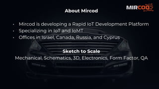 About Mircod
• Mircod is developing a Rapid IoT Development Platform
• Specializing in IoT and IoMT
• Offices in Israel, Canada, Russia, and Cyprus
Sketch to Scale
Mechanical, Schematics, 3D, Electronics, Form Factor, QA
 