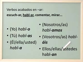 Verbos acabados en –ar:escuch-ar, habl-ar, comentar, mirar...(Nosotros/as) habl-amos(Vosotros/as) habl-áisEllos/ellas/ustedes habl-an(Yo) habl-o(Tú) habl-as(Él/ella/usted) habl-a