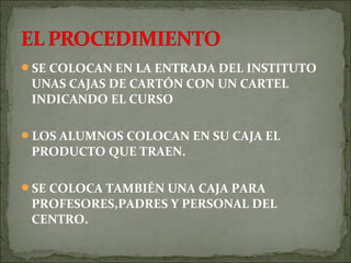 SE COLOCAN EN LA ENTRADA DEL INSTITUTO
UNAS CAJAS DE CARTÓN CON UN CARTEL
INDICANDO EL CURSO
LOS ALUMNOS COLOCAN EN SU CAJA EL
PRODUCTO QUE TRAEN.
SE COLOCA TAMBIÉN UNA CAJA PARA
PROFESORES,PADRES Y PERSONAL DEL
CENTRO.
 