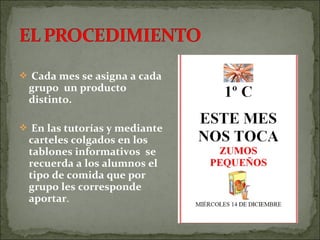  Cada mes se asigna a cada
grupo un producto
distinto.
 En las tutorías y mediante
carteles colgados en los
tablones informativos se
recuerda a los alumnos el
tipo de comida que por
grupo les corresponde
aportar.
 