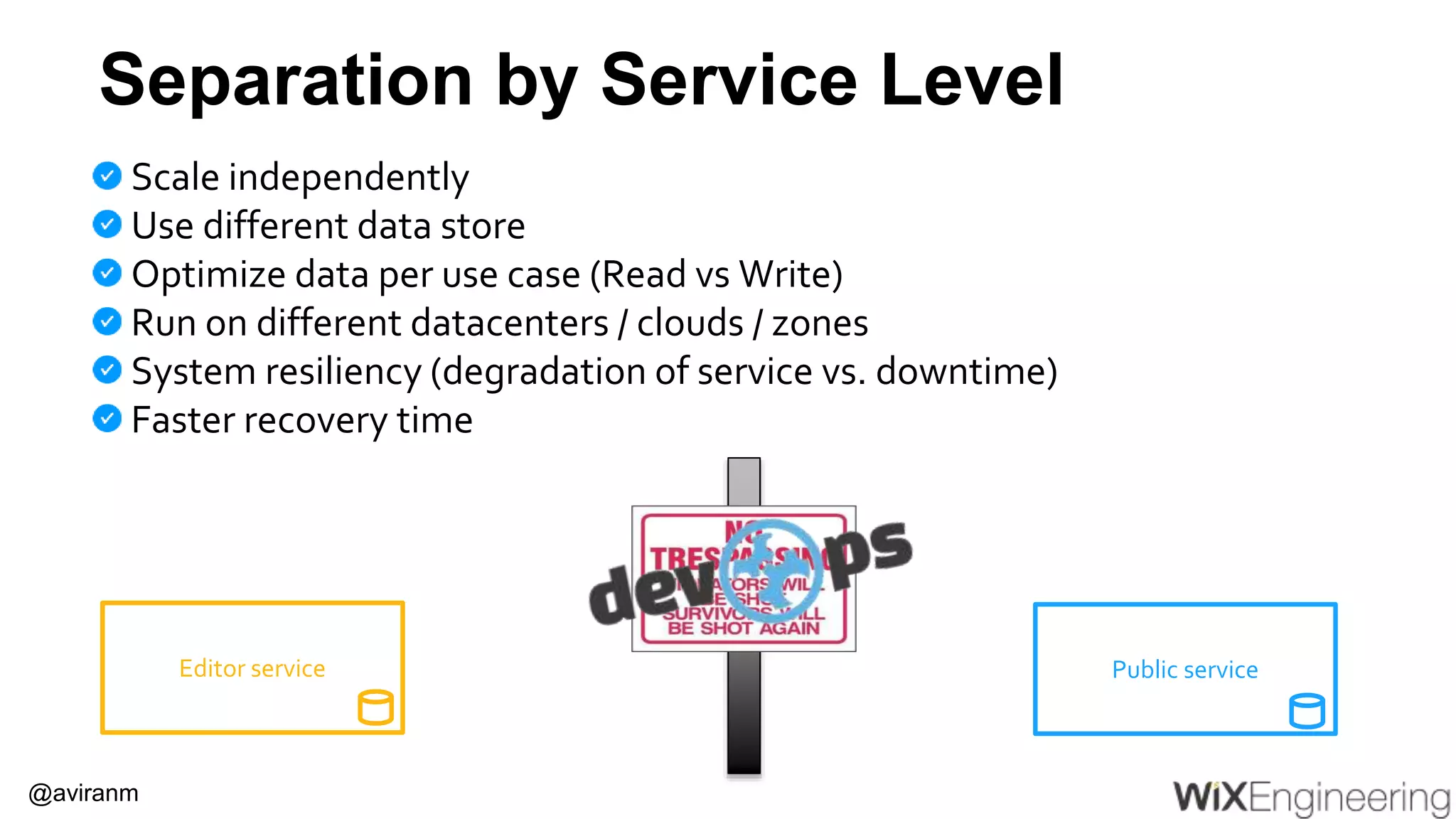 @aviranm Separation by Service Level Scale independently Use different data store Optimize data per use case (Read vs Write) Run on different datacenters / clouds / zones System resiliency (degradation of service vs. downtime) Faster recovery time Editor service Public service 