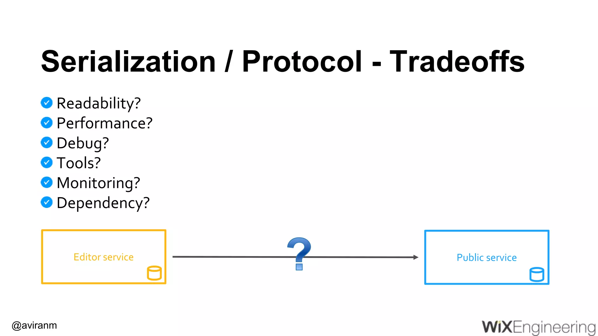 @aviranm Serialization / Protocol - Tradeoffs Readability? Performance? Debug? Tools? Monitoring? Dependency? Public serviceEditor service 
