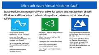 Microsoft Azure Virtual Machines (IaaS)
IaaS introduces new functionality that allows full control and management of both
Windows and Linux virtual machines along with an extensive virtual networking
Offering.
Easily migrate existing
applications as-is to the cloud
Assist new cloud app
development by Integrating IaaS
and PaaS functionality
Set up new Virtual Machines in
Microsoft Azure with only a few
clicks
Agentless deployment for
Windows Servers
Start from a pre-built image from our
image library
Upload your own virtual hard disk
from on-premises
Create your own customized images
Support for community and
commercial versions of Linux
Move images back on premises as
necessary
Run enterprise applications such
as SQL Server, SharePoint, or AD
DS in the cloud
Easily create hybrid cloud and
on-premises Solutions with
virtual private network (VPN)
connectivity between the
Microsoft Azure data center and
your own network
Flexible Solid
Open
 