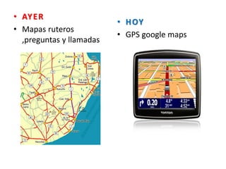 • AYER
• Mapas ruteros
,preguntas y llamadas
• HOY
• GPS google maps
 