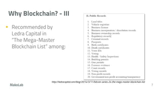 Why Blockchain? - III
 Recommended by
Ledra Capital in
“The Mega-Master
Blockchain List” among:
7
http://ledracapital.com/blog/2014/3/11/bitcoin-series-24-the-mega-master-blockchain-list
 