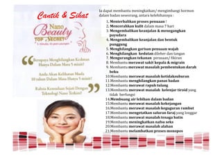 D&!%&7&5!(3(=&45>!(34-46:&5:&48!(346-(=&46-!+C,(C4!
Cantik & Sihat   %&'&(!=&%&4!)3)3C,&46E!&45&,&!:3'3=-+&44A&!F!
                   !!!"!"#$%&$'()*+,)%"-'./$/"-$%0))%"#!
                   !!!$!"#$%1$')2,)%",0*+&"%&'&(!(&)&!*!+&,-!
                   !!!./!#$%3$4()*+,)%",$)%5)*)%"6"4$%$3)%3,)%"
                   """""""-)708)')"
                   !!!0!"#$%3$4()*+,)%",$)%5)*)%"8)%"($%&0,""""
                   """""""-0%330%3"
                   !!!1/!#$%32+*)%3,)%"3)'+/)%"-$%0))%"9)5)2"
                   !!!2/!#$%32+*)%3,)%"",$80&)%"%-'3+3,!%&4!5&46&4!
                   !!!*/!#$%30')%3,)%"&$,)%)%!!73,&)&&48!9-:-,&4!
                   !!!;/!<3(=&45>!4$')9)&"/),+&",$-)*)"6"4+3')+%"
                   !!!?/!<3(=&45>!4$')9)&"4)/)*)2"-$4($%&0,)%"8)')2"""""
                   """""""($,0"
                   !!"@/<3(=&45>!4$')9)&"4)/)*)2",$&+8),/0(0')%"
                   !!""/<3(=&45>!4$%32+*)%3,)%"-)%)/"()8)%"
                   !!"$/<3(=&45>!4$')9)&"')-02"&0*)%3"
                   !!"./<3(=&45>!4$')9)&"4)/)*)2"",$*$%5)'"&+'.+8"A&46!!
                   !!!!!!!5-%&:!!=3,B>46)-!
                   !!"0!#$4(0)%3")+'"*$(+2)%"8)*)4"()8)%"
                   !!"1/<3(=&45>!4$')9)&"4)/)*)2",$,$5)%3)%"
                   !!"2/<3(=&45>!4$')9)&"4)/)*)2",$3030')%"')4(0&"
                   !!"*/<3(=&45>!4$%3$&)&,)%"/)*0')%":)')5"A&46!'C466&,!
                   !!";/<3(=&45>!4$')9)&"4)/)*)2"&$%)3)"()&+%"
                   !!"?/<3(=&45>!4$%+%3,)&,)%"%):/0"/$,/"
                   !!$@/<3(=&45>!4$')9)&"4)/)*)2")*)2)%"
                   !!$"/<3(=&45>!4$*)4()&,)%"-'./$/"4.%.-./"
 