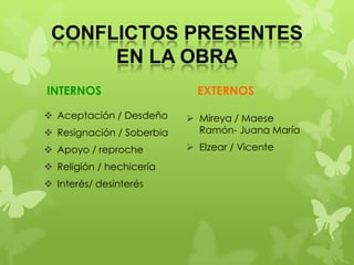 CONFLICTOS PRESENTES
      EN LA OBRA
INTERNOS                     EXTERNOS

 Aceptación / Desdeño      Mireya / Maese
 Resignación / Soberbia     Ramón- Juana María
 Apoyo / reproche          Elzear / Vicente
 Religión / hechicería
 Interés/ desinterés
 