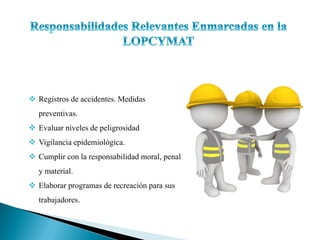  Registros de accidentes. Medidas
preventivas.
 Evaluar niveles de peligrosidad
 Vigilancia epidemiológica.
 Cumplir con la responsabilidad moral, penal
y material.
 Elaborar programas de recreación para sus
trabajadores.
 