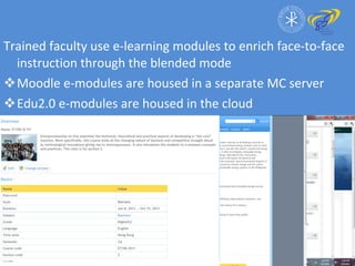 Trained faculty use e-learning modules to enrich face-to-face instruction through the blended mode Moodle e-modules are housed in a separate MC server Edu2.0 e-modules are housed in the cloud 