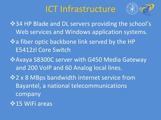 ICT Infrastructure 34 HP Blade and DL servers providing the school’s Web services and Windows application systems.  a fiber optic backbone link served by the HP E5412zl Core Switch Avaya S8300C server with G450 Media Gateway  and 200 VoIP and 60 Analog local lines.  2 x 8 MBps bandwidth internet service from Bayantel, a national telecommunications company 15 WiFi areas  