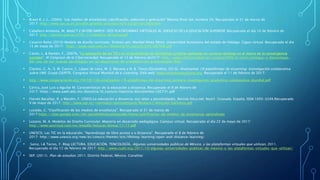 • Bravo R. J. L.. (2004) “Los medios de enseñanza: clasificación, selección y aplicación” Revista Pixel-bit, número 24. Recuperado el 21 de marzo de
2017: http://www.sav.us.es/pixelbit/pixelbit/articulos/n24/n24art/art2409.htm
• Caballero Armenta, M. WebCT E INTERCAMPUS: DOS PLATAFORMAS VIRTUALES AL SERVICIO DE LA EDUCACIÓN SUPERIOR. Recuperado el día 10 de febrero de
2017: http://eprints.ucm.es/5791/1/Caballero_Armenta.pdf
• Casarini Ratto (2010) Modelo de diseño curricular. Síntesis por: Maribel Pérez Pérez. Universidad Autonoma del estado de Hidalgo. Capus virtual. Recuperado el día
15 de mayo de 2017: https://www.uaeh.edu.mx/docencia/VI_Lectura/LITE/LECT66.pdf
• Canós, L. & Ramón, F., 2007b, “La aplicación de las TICs en el aprendizaje de disciplinas jurídicas aplicadas en carreras técnicas en el marco de la convergencia
europea”, III Congreso de la Cibersociedad. Recuperado el 12 de febrero de2017: http://www.cibersociedad.net/congres2009/es/coms/ventajas-y-desventajas-
del-uso-de-las-nuevas-tecnologias-en-la-adquisicion-de-competencias-profesionales/900/
• Clarenc, C. A.; S. M. Castro, C. López de Lenz, M. E. Moreno y N. B. Tosco (Diciembre, 2013). Analizamos 19 plataformas de eLearning: Investigación colaborativa
sobre LMS. Grupo GEIPITE, Congreso Virtual Mundial de e-Learning. Sitio web: www.congresoelearning.org. Recuperada el 11 de febrero de 2017:
• http://www.cooperacionib.org/191191138-Analizamos-19-plataformas-de-eLearning-primera-investigacion-academica-colaborativa-mundial.pdf
• Córica, José Luis y Aguilar M. Características de la educación a distancia. Recuperado el 8 de febrero de
2017: https://www.uaeh.edu.mx/docencia/VI_Lectura/maestria/documentos/LECT31.pdf
• Florido Bacallao, R. y Marylin, F. (2003).La educación a distancia, sus retos y posisbildades. Revista Etica.net. Num1. Granada. España. ISSN 1695-324X.Recuperado
9 de mayo de 2017: http://www.ugr.es/~sevimeco/revistaeticanet/Numero1/Articulos/EaDretos.pdf
• Lazalde, C. “Clasificación de los medios de enseñanza”. Recuperado el 21 de marzo de
2017:https://sites.google.com/site/portafolioclaudialazalde/home/calsificacion-de-medios-de-ensenanza-aprendizaje
• Lozano, M. A. Modelos de Diseño Curricular. Maestría en desarrollo pedagógico. Campus virtual. Recuperado el día 22 de mayo de 2017:
http://www.uovirtual.com.mx/moodle/lecturas/diseva/11/11.pdf
• UNESCO. Las TIC en la educación. “Aprendizaje de libre acceso y a distancia”. Recuperado el 8 de febrero de
2017: http://www.unesco.org/new/es/unesco/themes/icts/lifelong-learning/open-and-distance-learning/
• Sainz, I.& Torres, F. Blog LECTURA, EDUCACIÓN, TENCOLOGÍA, Algunas universidades públicas de México, y las plataformas virtuales que utilizan, 2011.
Recuperado el día 12 de febrero de 2017: http://www.cualli.org/2011/10/algunas-universidades-publicas-de-mexico-y-las-plataformas-virtuales-que-utilizan/
• SEP. (2011). Plan de estudios 2011. Distrito Federal, México. Conalitec
 