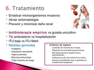  Erradicar microorganismos invasivos
 Aliviar sintomatología
 Prevenir y minimizar daño renal
 Antibioterapia empírica vs guiada urocultivo
 Tto ambulatorio vs hospitalización
 ITU baja vs ITU febril
 Medidas generales
◦ Analgesia
◦ Hidratación abundante
◦ Higiene perineal
◦ Micciones frecuentes
◦ Tratar factores de riesgo
 Criterios de ingreso
◦ Lactantes de menores de 3 meses.
◦ Sospecha de anomalías genitourinarias.
◦ Mal estado general: aspecto tóxico,
deshidratación...
◦ Intolerancia oral o de control de la misma.
◦ Situación sociofamiliar que no garantice el
cumplimiento terapéutico.
 