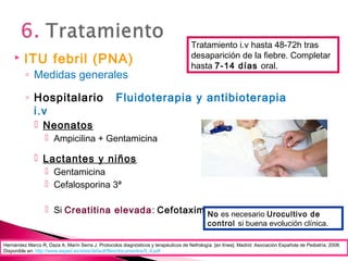  ITU febril (PNA)
◦ Medidas generales
◦ Hospitalario Fluidoterapia y antibioterapia
i.v
 Neonatos
 Ampicilina + Gentamicina
 Lactantes y niños
 Gentamicina
 Cefalosporina 3ª
 Si Creatitina elevada: Cefotaxima
Hernández Marco R, Daza A, Marín Serra J. Protocolos diagnósticos y terapéuticos de Nefrología. [en línea]. Madrid: Asociación Española de Pediatría; 2008.
Disponible en: http://www.aeped.es/sites/default/files/documentos/5_4.pdf
Tratamiento i.v hasta 48-72h tras
desaparición de la fiebre. Completar
hasta 7-14 días oral.
No es necesario Urocultivo de
control si buena evolución clínica.
 