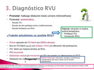  Prenatal: hallazgo dilatación tracto urinario (hidronefrosis)
 Postnatal: asintomático.
◦ Estudio ITU
◦ Estudio de otra patología renal o malformaciones.
◦ Estudio familiares con RVU
¿Cuándo estudiamos un posible RVU?
 Primer episodio de ITU febril con DMSA alterada.
 Eco en ITU febril (aguda) con ectasia >7mm y/o alteración del parénquima.
 ITU febril con historia familiar de RVU.
 ITU recurrente.
 Disfunción vesical y/o miccional con ITU recurrente y/o alteraciones en ECO.
 Dilatación de vía urinaria en ECO prenatal persistente tras 1ª semana postnatal
Valorar situación si implica
actitud terapéutica:
 Profilaxis ITU.
 Corrección RVU.
Espino Hernández MM, Loris Pablo C. Protocolos diagnósticos y terapéuticos de Nefrología. [en línea]. Madrid: Asociación Española de Pediatría; 2008.
Disponible en: http://www.aeped.es/sites/default/files/documentos/6_3.pdf
Patrón miccional: frecuencia, escapes, incontinencia,
características del chorro, llanto con la micción,
estreñimiento…
Preguntar
!
 
