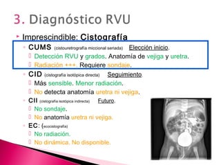  Imprescindible: Cistografía
◦ CUMS (cistouretrografía miccional seriada) Elección inicio.
 Detección RVU y grados. Anatomía de vejiga y uretra.
 Radiación +++. Requiere sondaje.
◦ CID (cistografía isotópica directa) Seguimiento.
 Más sensible. Menor radiación.
 No detecta anatomía uretra ni vejiga.
◦ CII (cistografía isotópica indirecta) Futuro.
 No sondaje.
 No anatomía uretra ni vejiga.
◦ EC: (ecocistografía)
 No radiación.
 No dinámica. No disponible.
 