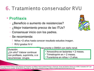  Profilaxis
◦ ¿Beneficio o aumento de resistencias?
◦ ¿Mejor tratamiento precoz de las ITUs?
◦ Consensuar inicio con los padres.
◦ Se recomienda:
 Niños <2 años hasta conocer resultado estudios imagen.
 RVU grados IV-V
 RVU grados I-III con ITU recurrente o DMSA con daño renal.
Amoxicilina en lactantes < 2 meses.
Trimetroprim en > 2 meses.
Furantoína en niños > 2 años.
Duración:
¿Un año? Valorar continuar
con profilaxis, suprimirla, o si
recurrencias: cirugía.
Guía de Práctica Clínica sobre Manejo de Pacientes con Reflujo Vesicoureteral Primario o Esencial. Guías de Práctica Clínica en el SNS. Guiasalud 2011 [en
línea] [fecha de consulta: 20-06-2014]. Disponible en: http://www.guiasalud.es/egpc/reflujo/completa/apartado04/tratamiento.html
 