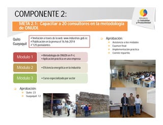 COMPONENTE 2:
 Aprobación:
 Quito: 23
 Guayaquil: 12
Quito
Guayaquil
META 2.1: Capacitar a 20 consultores en la metodología META 2.1: Capacitar a 20 consultores en la metodología
de ONUDI.
•Metodología de ONUDI en P+L
•Aplicación práctica en una empresa
Modulo 1
•Eficiencia energética en la industriaMódulo 2
•Curso especializado por sectorMódulo 3
 Aprobación:
 Asistencia a los módulos
 Examen final
 Implementación práctica
 Comité tripartito
Invitación a través de la web: www.industrias.gob.ec
Publicación en la prensa el 16.feb.2014
125 postulantes
 