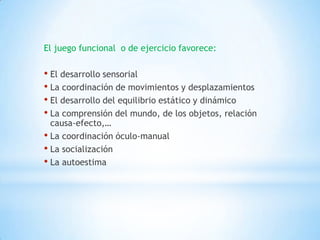 El juego funcional o de ejercicio favorece:

• El desarrollo sensorial
• La coordinación de movimientos y desplazamientos
• El desarrollo del equilibrio estático y dinámico
• La comprensión del mundo, de los objetos, relación
  causa-efecto,…
• La coordinación óculo-manual
• La socialización
• La autoestima
 
