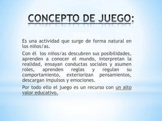 Es una actividad que surge de forma natural en
los niños/as.
Con él los niños/as descubren sus posibilidades,
aprenden a conocer el mundo, interpretan la
realidad, ensayan conductas sociales y asumen
roles,    aprenden    reglas   y   regulan    su
comportamiento, exteriorizan pensamientos,
descargan impulsos y emociones.
Por todo ello el juego es un recurso con un alto
valor educativo.
 