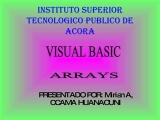 INSTITUTO SUPERIOR TECNOLOGICO PUBLICO DE ACORA PRESENTADO POR: Mirian A, CCAMA HUANACUNI VISUAL BASIC  ARRAYS 